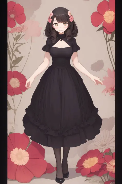 full body, solo, 1girl, looking at another, smile, blush, medium breasts, foggy atmosphere, Willow_curly \(flower\), floral background <lora:oouso_style_v01.10:1>