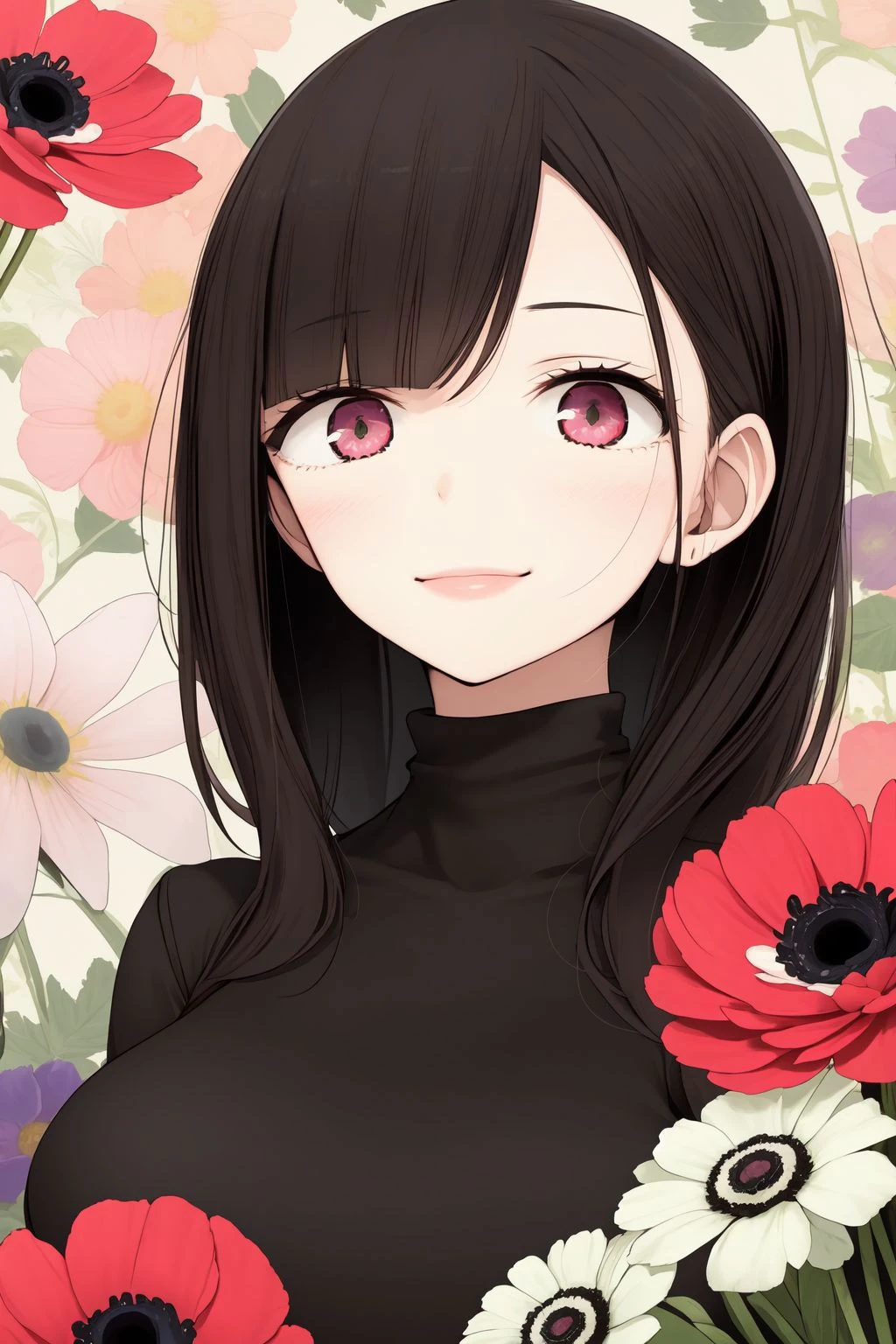 portrait, solo, 1girl, looking up, smile, blush, large breasts, no light, Anemone \(flower\), floral background <lora:oouso_style_v01.10:1>