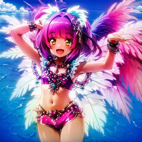 urin chan, 1girl, solo, wings, yellow eyes, jewelry, navel, pink hair, open mouth, smile, shorts, bracelet, feathers, purple hair, midriff, short shorts
<lora:Urin:0.8>cowboy shot, dynamic pose, ocean,In the sea,sweaty,blush,