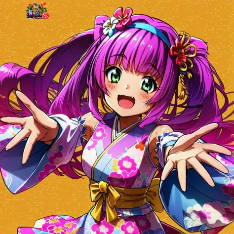 urin chan, 1girl, green eyes, solo, purple hair, fang, hairband, hair ornament, twintails, japanese clothes, open mouth, heart, looking at viewer, smile, kimono, flower, detached sleeves, long hair, hair flower, holding,
<lora:Urin:0.8>cowboy shot, dynamic pose,sweaty,blush,