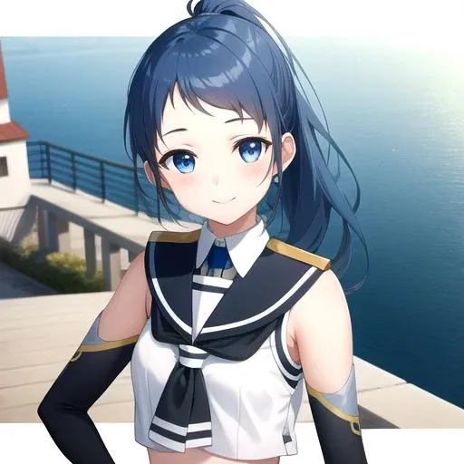 ((masterpiece)),(best quality),official art,extremely detailed CG,unity 8k wallpaper,ultra detailed,A lighthouse on a cliff by the sea,1girl,solo,upper body,(portrait:1.2),blue_hair,very_long_hair,blue_eyes,elbow_gloves,school_uniform,serafuku,black_thighhighs,smile,multicolored_hair,sailor_collar,gradient_hair,sleeveless_shirt,skirt,neckerchief,bangs,black_gloves,ponytail,zettai_ryouiki,swept_bangs,<lora:Samidare(kan)>,