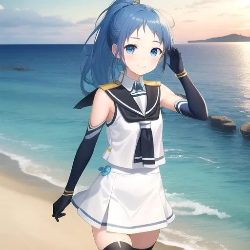 ((masterpiece)),(best quality),official art,extremely detailed CG,unity 8k wallpaper,ultra detailed,A lighthouse on a cliff by the sea,1girl,solo,cowboy shot,blue_hair,very_long_hair,blue_eyes,elbow_gloves,school_uniform,serafuku,black_thighhighs,smile,multicolored_hair,sailor_collar,gradient_hair,sleeveless_shirt,skirt,neckerchief,bangs,black_gloves,ponytail,zettai_ryouiki,swept_bangs,<lora:Samidare(kan)>,