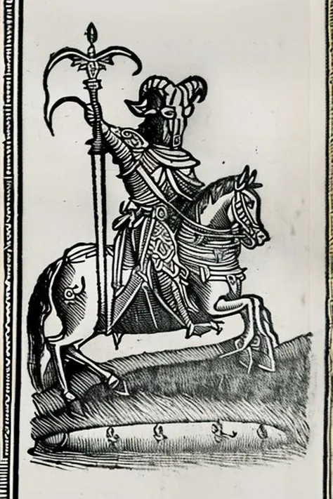 a drawing of a devil on a horse with a sword in his hand and a shield in his hand <lora:Occultism:1>