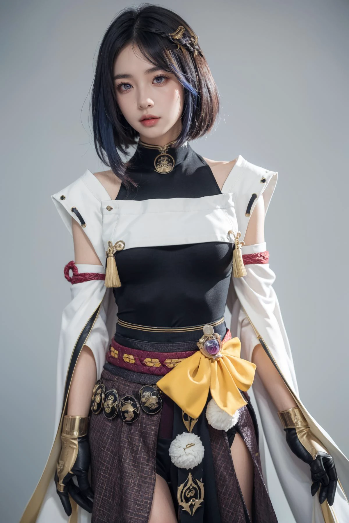 (Best Quality, Masterpiece:1.4), (Realism:1.2), (Realisitc:1.2), (Absurdres:1.2), (photorealistic:1.3), 1 girl,Realistic Skin,Solo,( Very Big Eyes,beautiful detailed eyes, symmetric eyes,), ((arms at side, cowboy shot, )),<lora:KujouSara:1>,1girl,kujou sara, mask on head,blue hair,short hair,yellow eyes,detached sleeves,wide sleeves, japanese clothes,bodysuit, gloves, sash,obi,tassel,vision \(genshin impact\),grey background, kbxll