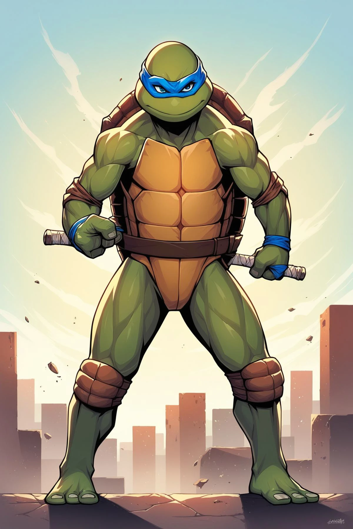 score_9, score_8_up, score_7_up, rating_safe, masterpiece, high quality, BREAK, TMNTLeonardo, a age mutant ninja turtle, wearing blue bandana mask with eye-holes, fight stance, standing on a city rooftop during the day, skyscrapers and rooftops and day sky in the background, <lora:TMNT_AIO_Pony:1>