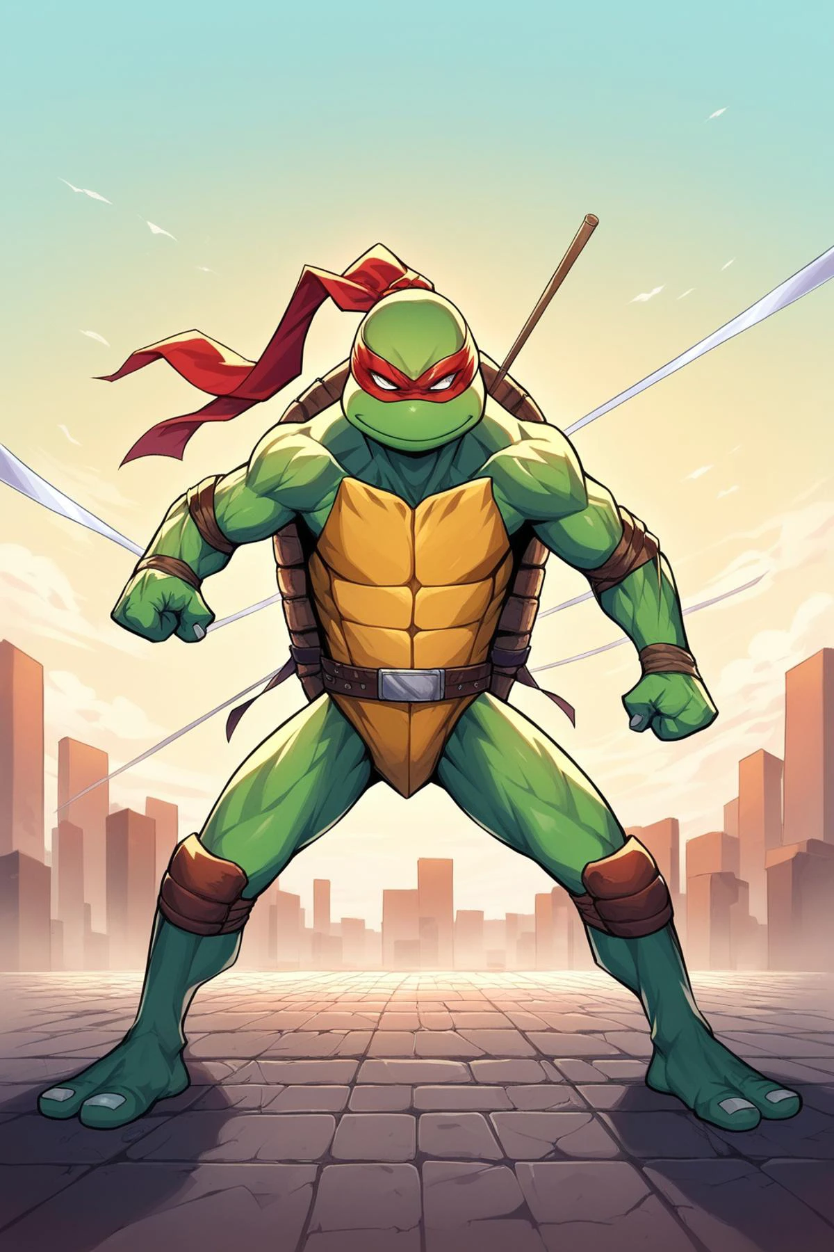 score_9, score_8_up, score_7_up, rating_safe, masterpiece, high quality, BREAK, TMNTRaphael, a age mutant ninja turtle, wearing red bandana mask with eye-holes, fight stance, standing on a city rooftop during the day, skyscrapers and rooftops and day sky in the background, <lora:TMNT_AIO_Pony:1>