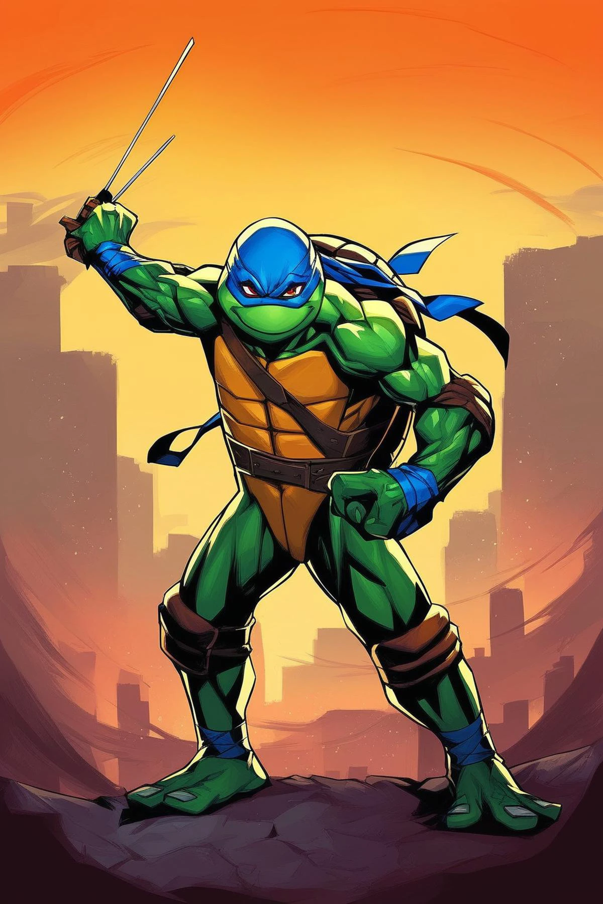 score_9, score_8_up, score_7_up, rating_safe, masterpiece, high quality, BREAK, TMNTLeonardo, a age mutant ninja turtle, wearing blue bandana mask with eye-holes, fight stance, standing on a city rooftop during the day, skyscrapers and rooftops and day sky in the background, <lora:TMNT_AIO_Pony:1>