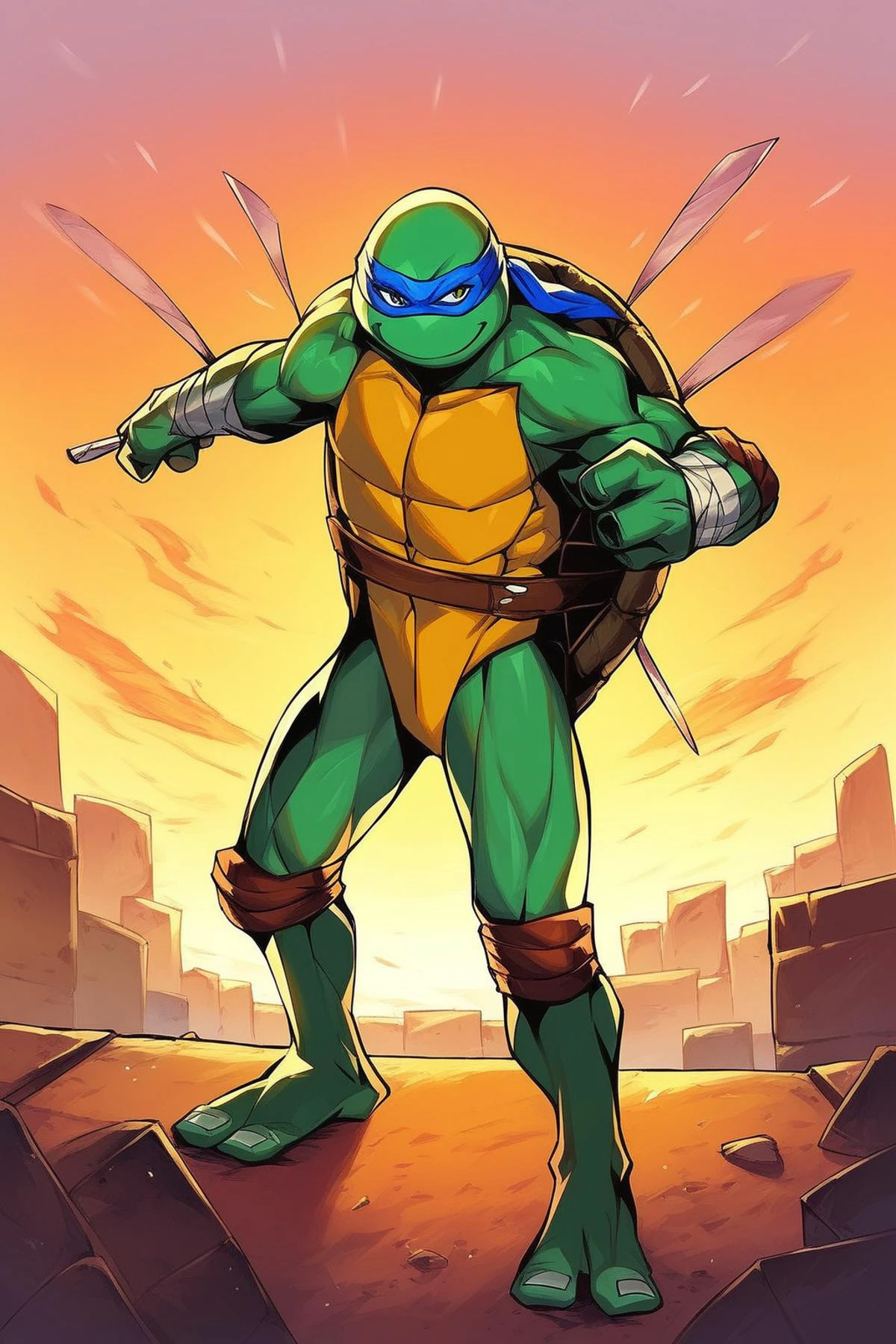 score_9, score_8_up, score_7_up, rating_safe, masterpiece, high quality, BREAK, TMNTLeonardo, a age mutant ninja turtle, wearing blue bandana mask with eye-holes, fight stance, standing on a city rooftop during the day, skyscrapers and rooftops and day sky in the background, <lora:TMNT_AIO_Pony:1>