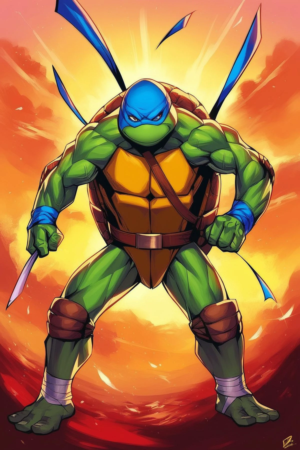 score_9, score_8_up, score_7_up, rating_safe, masterpiece, high quality, BREAK, TMNTLeonardo, a age mutant ninja turtle, wearing blue bandana mask with eye-holes, fight stance, standing on a city rooftop during the day, skyscrapers and rooftops and day sky in the background, <lora:TMNT_AIO_Pony:1>