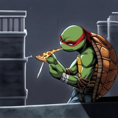 digital painting, dark gray background inside the hole, a teenage mutant turtle beside them eating pizza, from the side, another sai dagger weapon sheathed in his belt, sewer water and drains and walls and light shining from above in the background, on a city rooftop at night