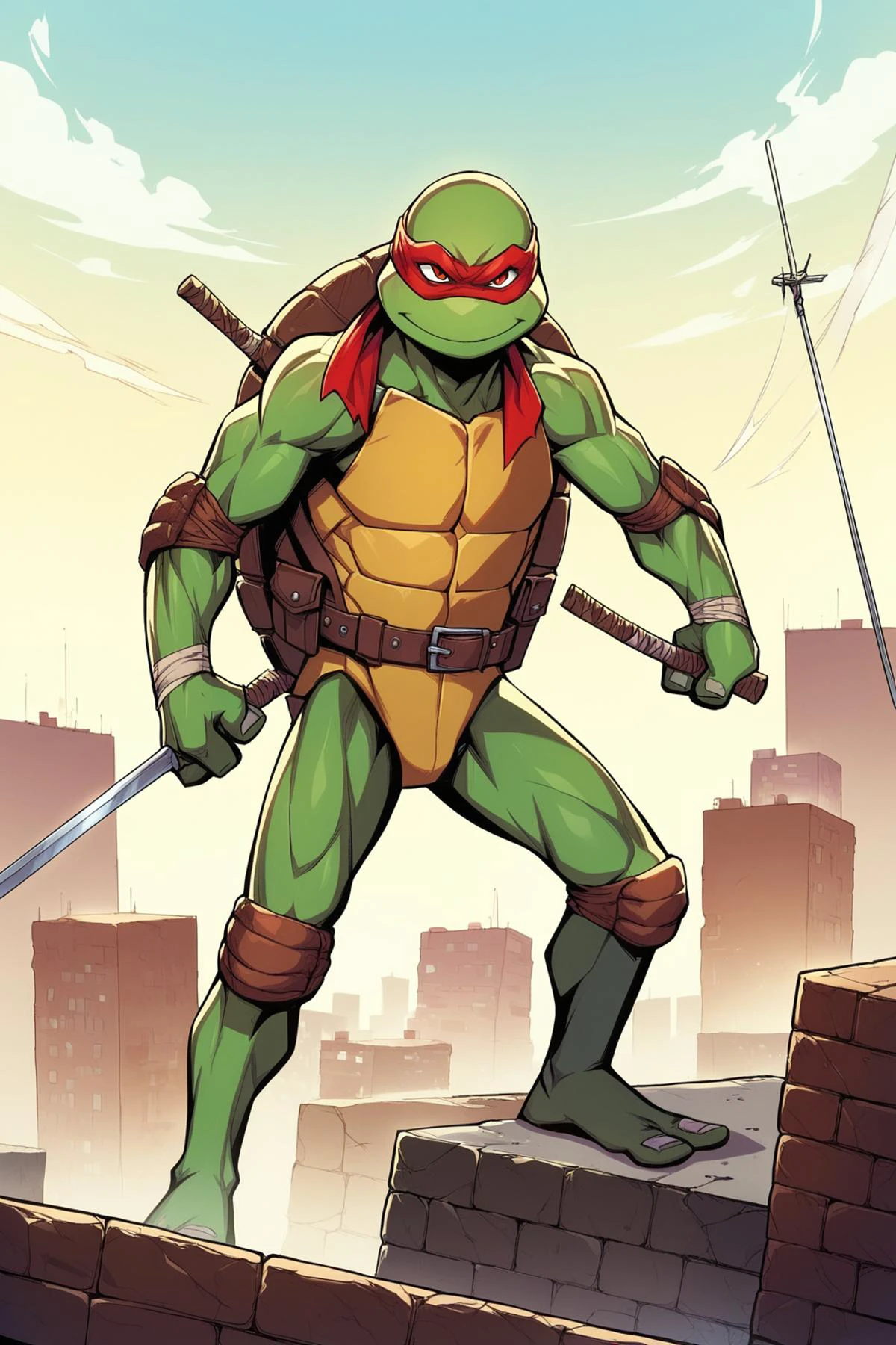 score_9, score_8_up, score_7_up, rating_safe, masterpiece, high quality, BREAK, TMNTRaphael, a age mutant ninja turtle, wearing red bandana mask with eye-holes, fight stance, standing on a city rooftop during the day, skyscrapers and rooftops and day sky in the background, <lora:TMNT_AIO_Pony:1>