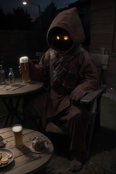 jawa, short, sitting on a lawn chair, holding beer, drinking beer, backyard, dusk, looking at viewer, glowing eyes, realistically detailed, absurdres HDR, <lora:Jawa:.8>