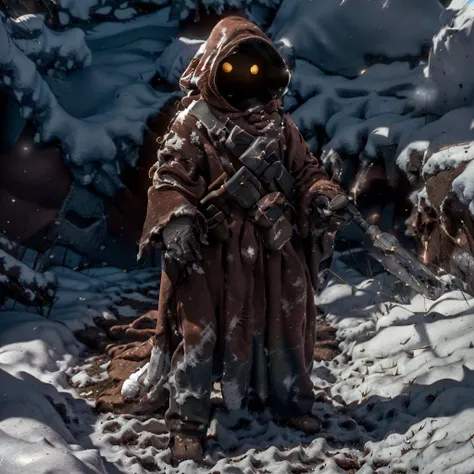 8k resolution, best quality, masterpiece:1.2, realistic, photo-realistic:1.37, ultra-detailed, best quality, ultra high res, professional lighting, photon mapping, radiosity, physically-based rendering, cinematic lighting, unreal engine, depth of field, sharp focus, raw photo, good composition, bokeh:1.2, 35mm lens:1.25, jawa, <lora:Jawa:0.8>, snowy mountain, snowy brush, white grass, winter, white robes<lora:adventurers_v1:1.0>