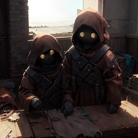 8k resolution, best quality, masterpiece:1.2, realistic, photo-realistic:1.37, ultra-detailed, best quality, ultra high res, professional lighting, photon mapping, radiosity, physically-based rendering, cinematic lighting, unreal engine, depth of field, sharp focus, raw photo, good composition, bokeh:1.2, 35mm lens:1.25, jawa, <lora:Jawa:0.9>, sandy area, daytime, bright<lora:adventurers_v1:1.0>