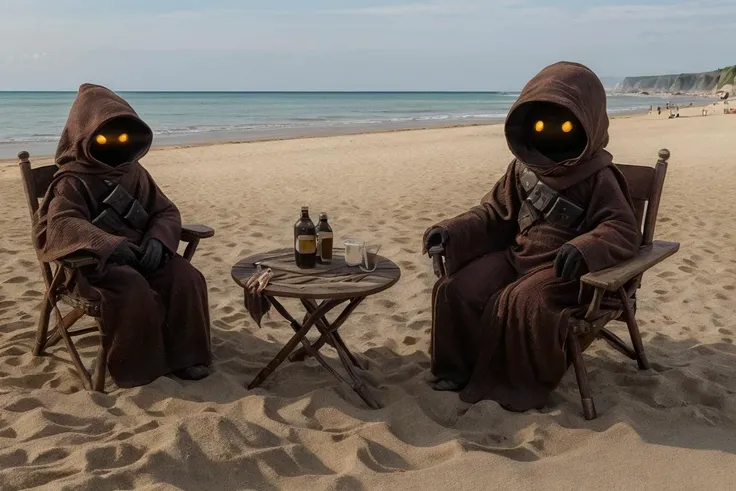 photo of jawa (sitting in chair) on a beach enjoying a sunny day, outside, water, sand, <lora:Jawa:0.8>, (Best quality: 1.3), (Detailed: 1.2)