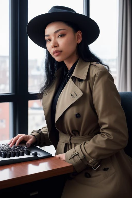 DEN_bella_poarch,
(a 1940s private investigator wearing a trench coat and rimmed hat sitting in a drab dank office at the desk using a typewriter, private investigator, 1940s:1.2),
bokeh, f1.4, 40mm, photorealistic, raw, 8k, textured skin, skin pores, intricate details <lora:epi_noiseoffset2:1>, epiCRealism <lora:ClothingAdjuster3:-1.3>