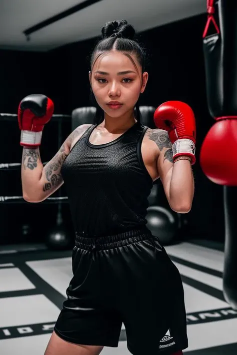 DEN_bella_poarch,
(working out in a gym wearing gym wear and shorts, boxing, punching bag, fighting pose, punching, boxing gloves:1.2),
bokeh, f1.4, 40mm, photorealistic, raw, 8k, textured skin, skin pores, intricate details <lora:epi_noiseoffset2:1>, epiCRealism <lora:ClothingAdjuster3:-1.3>