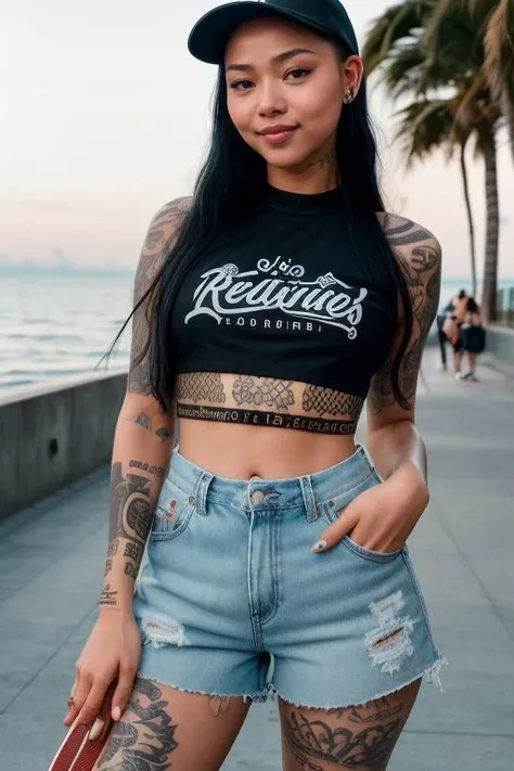 DEN_bella_poarch,
(riding a skateboard down a busy peer (wearing shorts and a crop top:1.1) with a cap, mouth open smiling, riding a skateboard, skater, ocean front, peer:1.2),
bokeh, f1.4, 40mm, photorealistic, raw, 8k, textured skin, skin pores, intricate details  <lora:epi_noiseoffset2:1>, epiCRealism