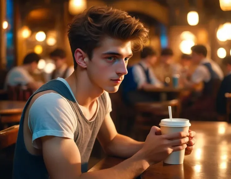 1boy, solo focus, masterpiece, best quality, highres, realistic, homoerotic American thirteen-year-old twunk holding a coffee cup, bare thighs, bare legs, penis, ((skintight white tank top)), very short chestnut hair with shaved sides, stubble, pubic hair, blue eyes, golden hour, Hogwarts cafe, 35mm color movie still, photorealistic, octane, 8k,