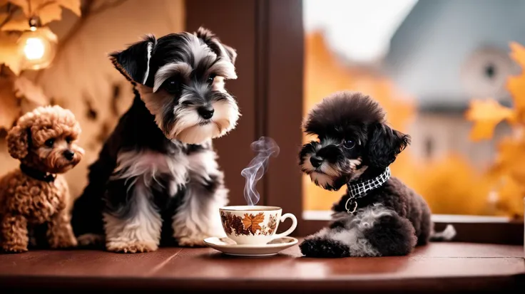 cinematic photo A color schnauzer puppy and a tom-poodle puppy drinking tea. postcard. invitation. autumn
cinematic photo
. 35mm photograph, film, bokeh, professional, 4k, highly detailed
 . 35mm photograph, film, bokeh, professional, 4k, highly detailed