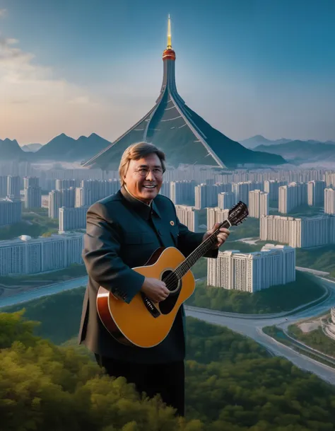 UHD, 8K, ultra detailed, a cinematic photograph of [Kim Jong-Un : John Denver:0.51] soaring over Pyongyang Ryugyong Hotel with an acoustic guitar playing his hit folk single Country Roads , beautiful lighting, great composition