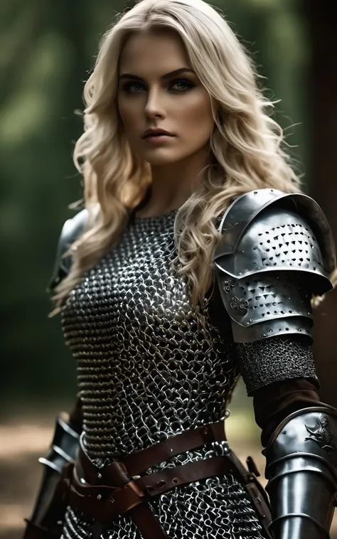 cinematic photo Hyperrealistic art a woman in a chain dress holding a sword, female medieval knight, bikini armor female knight, medieval female warrior, girl in knight armor, beautiful female knight, female armor, wearing chainmail armor, medieval armor, fantasy paladin woman, medieval armour, female knight, medieval wear, of a beautiful female knight, a sexy blonde warrior, armor girl, chainmailgloves . 35mm photograph, film, bokeh, professional, 4k, highly detailed