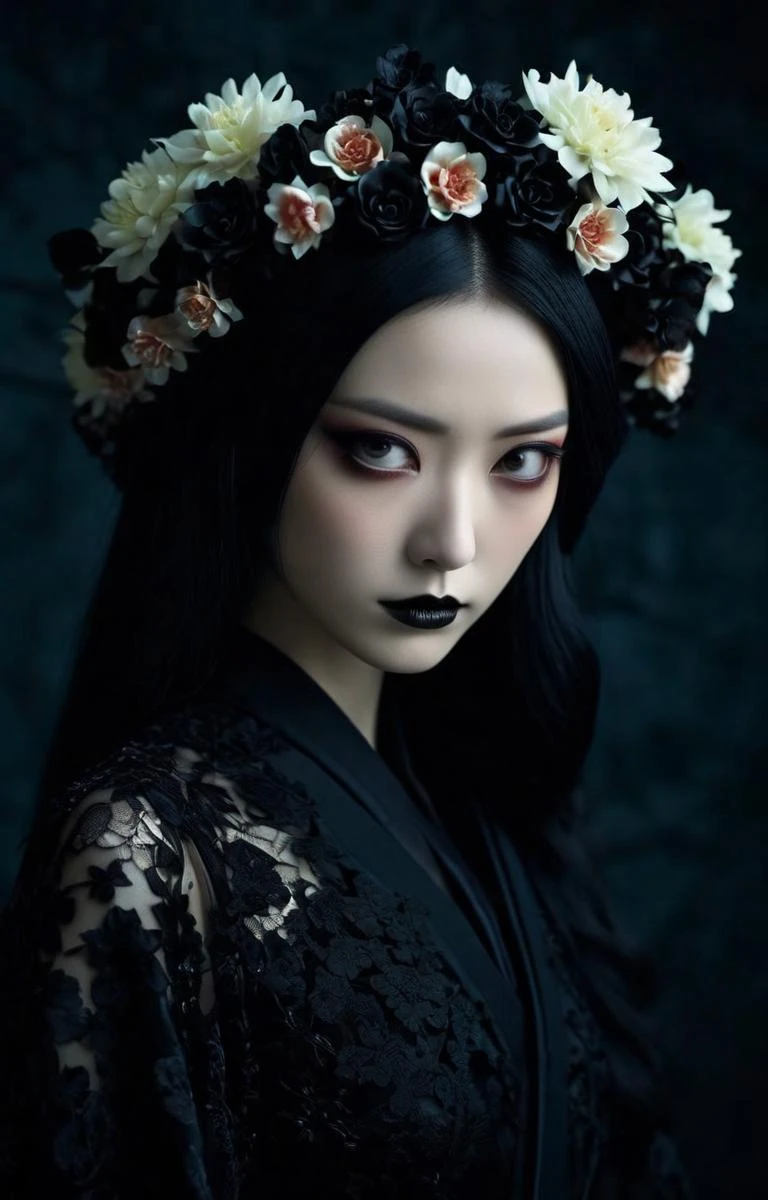 cinematic photo Gothic style.Hyperrealistic art a woman in a black dress and a flower crown, japanese gothic, takato yamamoto aesthetic, by Ryūsei Kishida, by Otake Chikuha, eiko ishioka, serge lutens, by Yuko Tatsushima, hana yata, by Yuki Ogura, natalie shau, by KanŠSanraku . Extremely high-resolution details, photographic, realism pushed to extreme, fine texture, incredibly lifelike . 35mm photograph, film, bokeh, professional, 4k, highly detailed