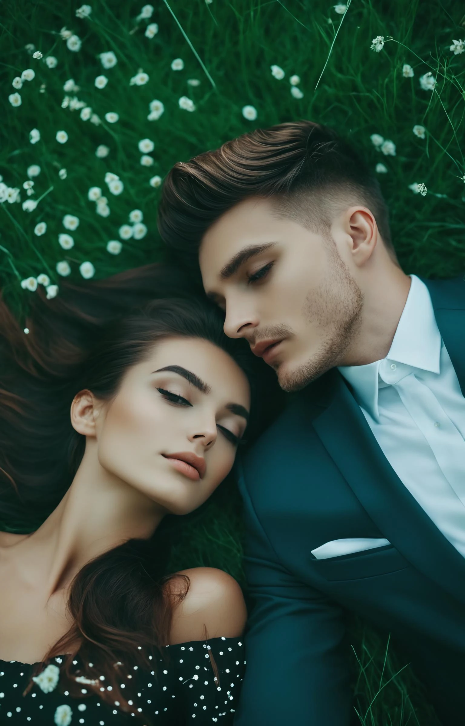 cinematic photo Hyperrealistic art a couple laying in the grass together, by Relja Penezic, portrait featured on unsplash, professional wedding photography, by Eszter Mattioni, by Nadya Rusheva, inspired by Oleg Oprisco, by Oszkar Tordai Schilling, by George Papazov, by Anna Hotchkis, by Daryush Shokof . 35mm photograph, film, bokeh, professional, 4k, highly detailed