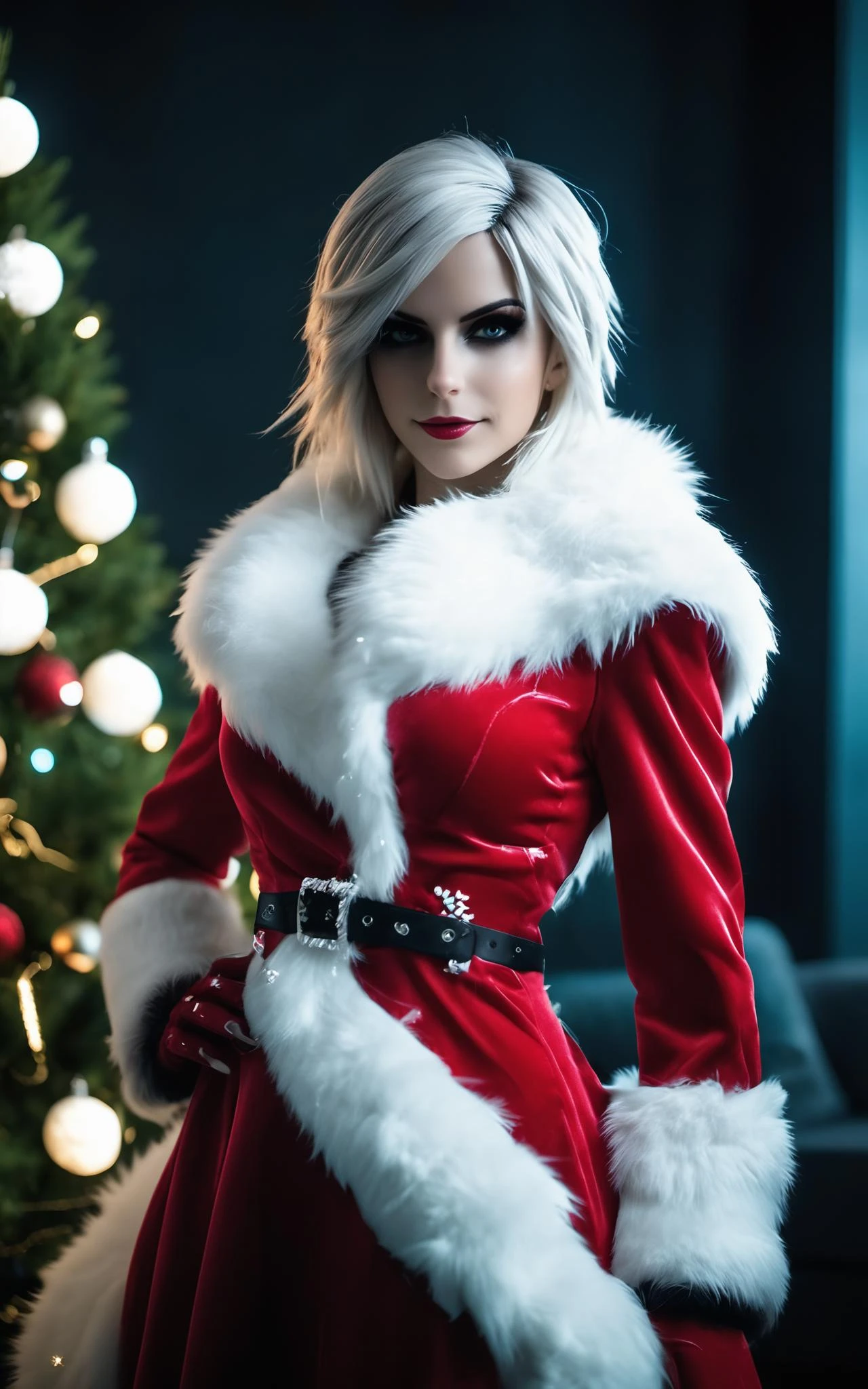 cinematic photo Hyperrealistic art a woman in a red dress and white fur coat posing in front of a christmas tree, christmas, nier 2 b, santa, riven from league of legends, festive, riven, snowy, very sexy devil outfit, makoto kano, better known as amouranth, amouranth, pyrrol scarlet . 35mm photograph, film, bokeh, professional, 4k, highly detailed