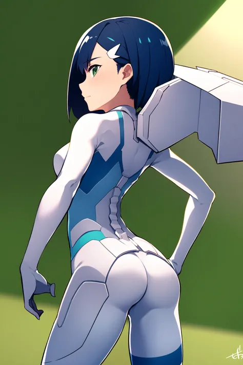 masterpiece, best quality, 1girl, solo, breasts, looking_at_viewer, closed_mouth, standing, ass, cowboy_shot, small_breasts, looking_back, from_behind, hand_on_hip, bodysuit, profile, skin_tight, pilot_suit, white_bodysuit, <lora:ichigoV2:1>