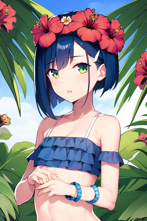 masterpiece, best quality, 1girl, solo, looking_at_viewer, bangs, bare_shoulders, jewelry, collarbone, swimsuit, upper_body, flower, bikini, outdoors, parted_lips, sky, day, cloud, hair_flower, off_shoulder, flat_chest, bracelet, tree, blue_sky, bird, blue_bikini, palm_tree, hibiscus, head_wreath, <lora:ichigoV2:1>