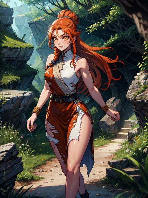(masterpiece:1.2, best quality:1.2, beautiful, high quality, highres:1.1), detailed, extremely detailed 4K, perfect eyes, perfect face, perfect lighting, <lora:tool_addDetail:0.25>,(1girl, solo, adult female, mature female), <lora:detailed_eyes:1>
muscular, abs,biceps,leg muscles, ,
<lora:concept_changeACharacter_stoneAge_(StoneAgeCh--StoneAgeChEro):0.95>, StoneAgeChEro, standing, outside, trees, cave,  wilderness, 
small breasts ,
orange hair, braided hairstyle, long hair, amber eyes, 
smile, average height,
brown tribal clothing, [torn clothes],
walking