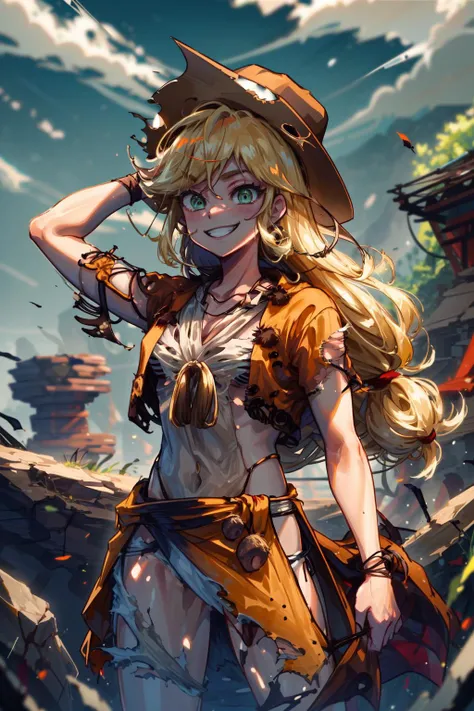 masterpiece,best quality,1girl,mlpapplejack,low-tied long hair,blonde hair,green eyes,cowboy hat,grin,stone age,StoneAgeCh,yellow clothing,brown clothing,(loincloth),animal print,outdoors,torn clothes,cowboy shot,<lora:StoneAgeCh:0.6>,<lora:mlp_applejack_human:0.9>,