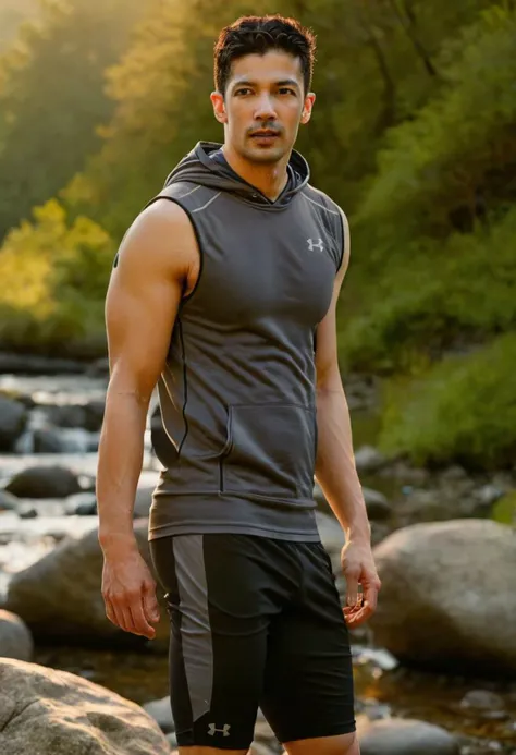 photo of Ace Young a man <lora:muzi-Ace-Young:1>, wearing a sleeveless well-fitted under armour hoodie and compression shorts, standing on a boulder, outdoor trail, 35mm photograph, film, bokeh, professional, 4k, highly detailed, creek in the background, natural lighting, golden hour