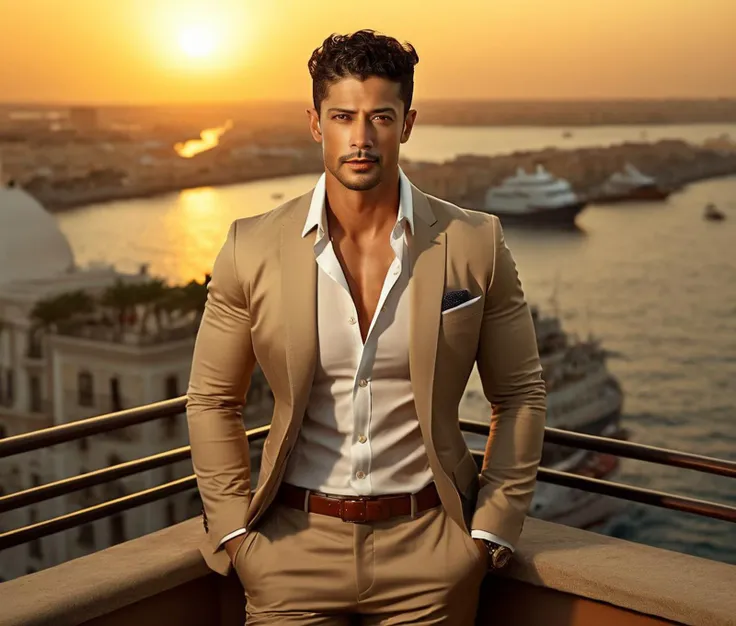 Nautical-themed (Photo:1.3) of (Ultrarealistic:1.3) <lora:Man_Men_FFashion:1> Ace Young a man <lora:muzi-Ace-Young:1> in a tan suit standing on a balcony, sun behind him, inspired by Pablo Munoz Gomez, shot at golden hour, editorial photograph, midshot of a hunky, by Roman Bezpalkiv, by Artur Tarnowski, maxim sukharev, by Gabor Szikszai,Highly Detailed,(Mono Color:1.3) . Sea, ocean, ships, maritime, beach, marine life, highly detailed