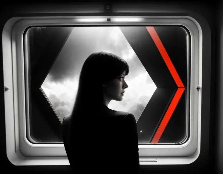 three cornered window, back of head shot of (woman looking out of triangle window:1.1), 3rd person, Looking out the triangular window of a (train:1.1) with triangular windows, triangular windows and triangular, wheels, in a fantasy world,
psychedelic, geometric, vivid light, high contrast, triadic colors, dark shadows, explosions, nuclear mushroom cloud, nuclear explosion, dystopian nightmare,
(beautiful composition),
21 yo woman,