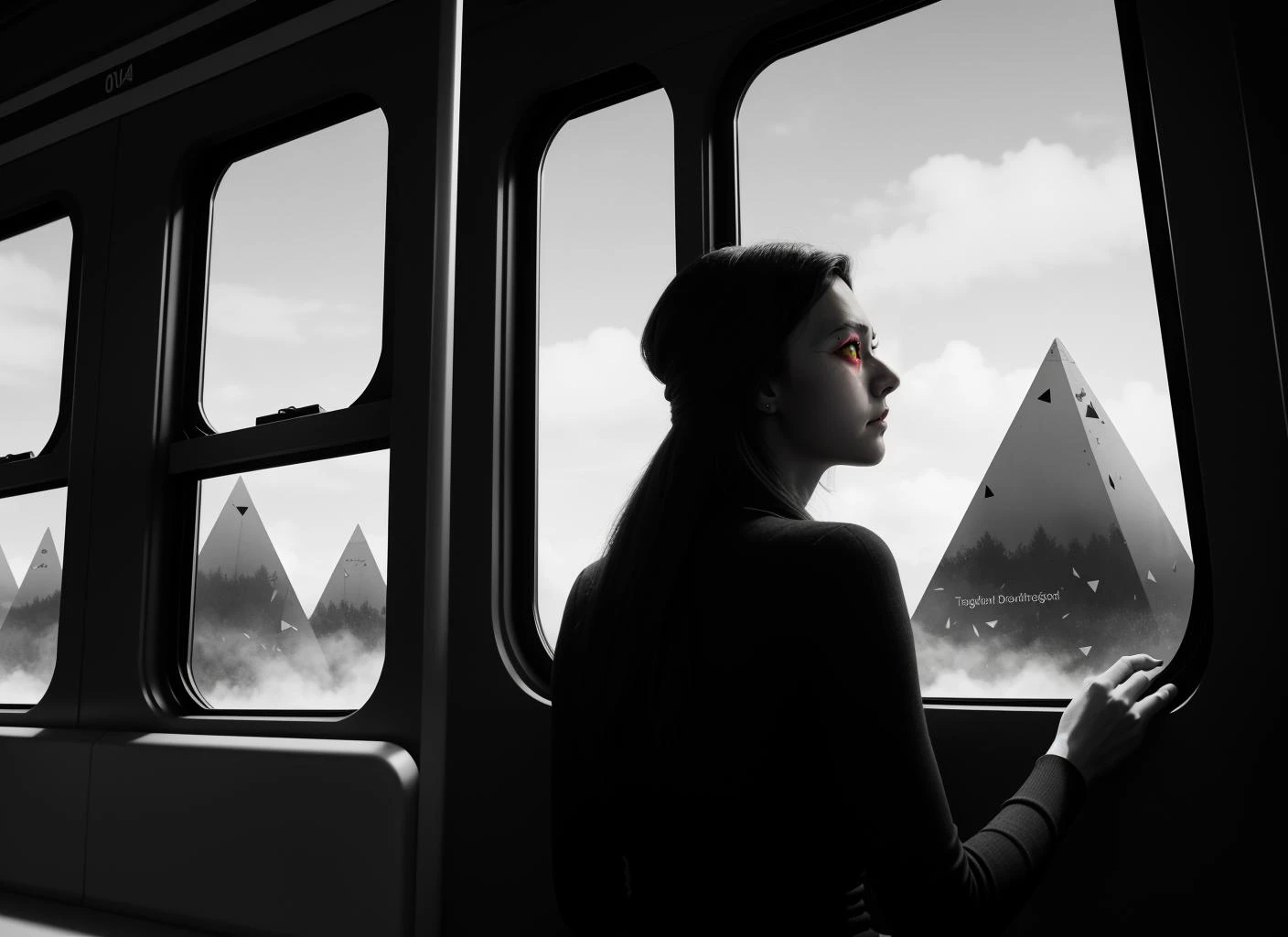 three cornered window, back of head shot of (woman looking out of triangle window:1.1), 3rd person, Looking out the triangular window of a (train:1.1) with triangular windows, triangular windows and triangular, wheels, in a fantasy world,
psychedelic, geometric, vivid light, high contrast, triadic colors, dark shadows, explosions, nuclear mushroom cloud, nuclear explosion, dystopian nightmare,
(beautiful composition),
21 yo woman,