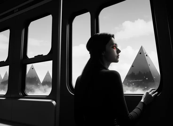 three cornered window, back of head shot of (woman looking out of triangle window:1.1), 3rd person, Looking out the triangular window of a (train:1.1) with triangular windows, triangular windows and triangular, wheels, in a fantasy world,
psychedelic, geometric, vivid light, high contrast, triadic colors, dark shadows, explosions, nuclear mushroom cloud, nuclear explosion, dystopian nightmare,
(beautiful composition),
21 yo woman,