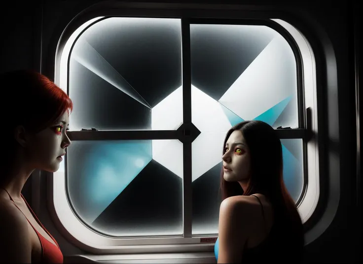 three cornered window, back of head shot of (woman looking out of triangle window:1.1), 3rd person, Looking out the triangular window of a (train:1.1) with triangular windows, triangular windows and triangular, wheels, in a fantasy world,
psychedelic, geometric, vivid light, high contrast, triadic colors, dark shadows, explosions, nuclear mushroom cloud, nuclear explosion, dystopian nightmare,
(beautiful composition),
21 yo woman,