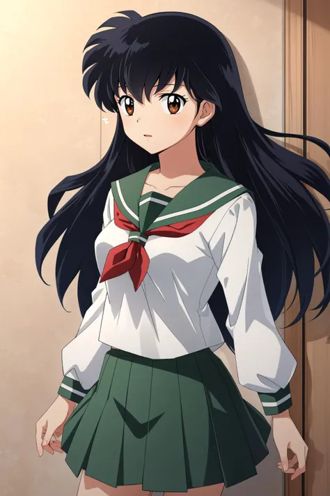 (masterpiece, best quality),  intricate details,
1girl,  <lora:Kizuki - Inuyasha - Higurashi Kagome:0.8> higurashi kagome, black hair, brown eyes, long hair, medium breasts, serafuku, sailor collar, green pleated skirt