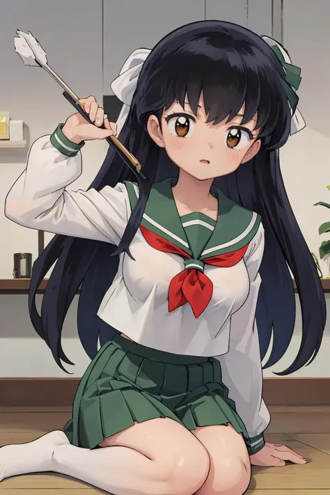 (masterpiece, best quality), 1girl, beautiful face,   <lora:Kizuki - Inuyasha - Higurashi Kagome:1> higurashi kagome, black hair, brown eyes, long hair, medium breasts, serafuku, sailor collar, green pleated skirt,