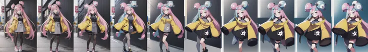 pokemoniono, pokemon iono, blue hair, bow-shaped hair, character hair ornament, hair ornament, long hair, low-tied long hair, multicolored hair, pink hair, sharp teeth, split-color hair, twintails, two-tone hair, (pink eyes:1.5), open mouth,
BREAK asymmetrical legwear, bell, bow-shaped hair, character hair ornament, hexagon print, oversized clothes, pantyhose, single leg pantyhose, split-color hair, jacket, (yellow jacket:1.5),
BREAK looking at viewer, upper body, full body, (cowboy shot:1.5),
BREAK outdoors, nature, sky,
BREAK (masterpiece:1.2), best quality, high resolution, unity 8k wallpaper, (illustration:0.8), (beautiful detailed eyes:1.6), extremely detailed face, perfect lighting, extremely detailed CG, (perfect hands, perfect ???????),
