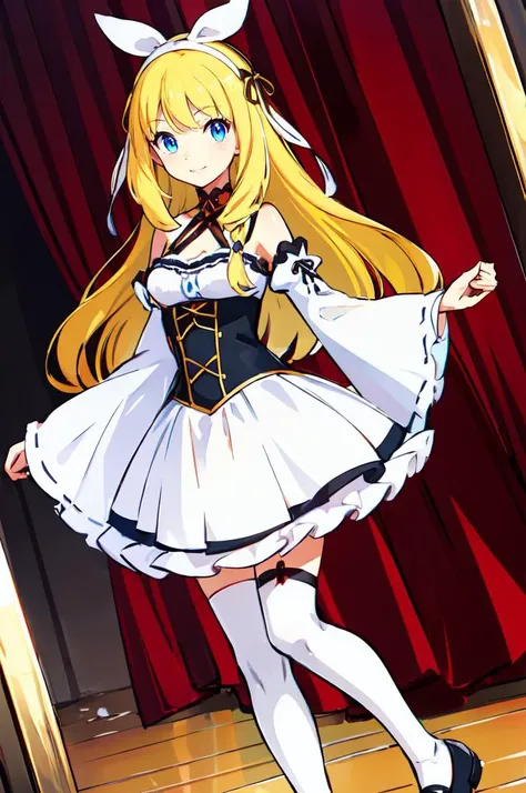 ultra detailed, masterpiece, best quality, solo, soft smile, light smile,
1girl, blue eyes, very long hair, blonde hair, long blonde hair, french braid, bangs, medium breasts,
hair ribbon, frilled choker, criss-cross halter, sleeveless dress, high-waist skirt, backless dress, waist bow, detached sleeves, frilled sleeves, wide sleeves, pantyhose, patterned legwear, mary janes,  <lora:Pokemoa_Style:0.75>