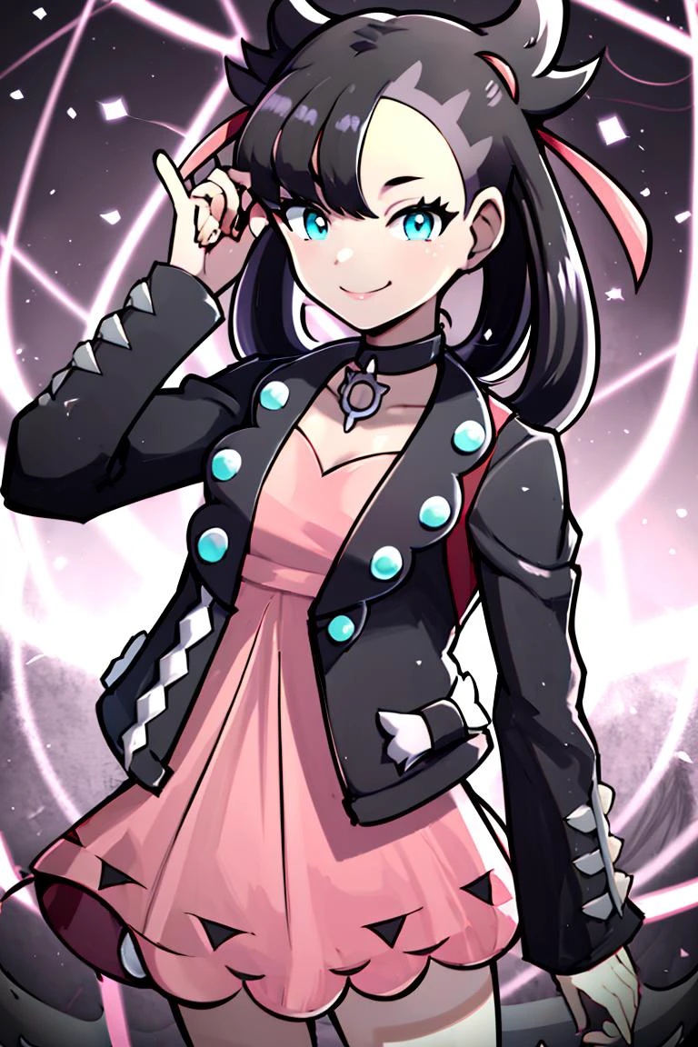 <lora:Gamma:0.8>, , ((masterpiece,best quality)), absurdres, <lora:Marnie_Pokemon_Dim32:0.8>, Marnie_Pokemon, aqua eyes, black choker, red ribbon, jewelry, pink dress, black jacket, open clothes, long sleeves, solo, smiling, looking at viewer, cowboy shot, , ,