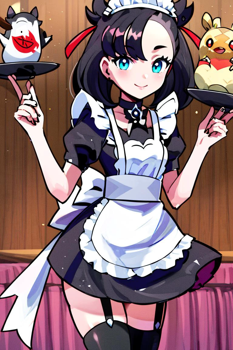<lora:Gamma:0.8>, , ((masterpiece,best quality)), absurdres, <lora:Marnie_Pokemon_Dim32:0.8>, Marnie_Pokemon, aqua eyes, black choker, red ribbon, jewelry, maid outfit, maid headdress, black dress,apron, zettai ryouiki, solo, smiling, looking at viewer, cowboy shot, , ,