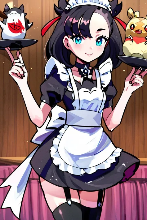 <lora:Gamma:0.8>, , ((masterpiece,best quality)), absurdres, <lora:Marnie_Pokemon_Dim32:0.8>, Marnie_Pokemon, aqua eyes, black choker, red ribbon, jewelry, maid outfit, maid headdress, black dress,apron, zettai ryouiki,  solo, smiling, looking at viewer, cowboy shot,  , ,