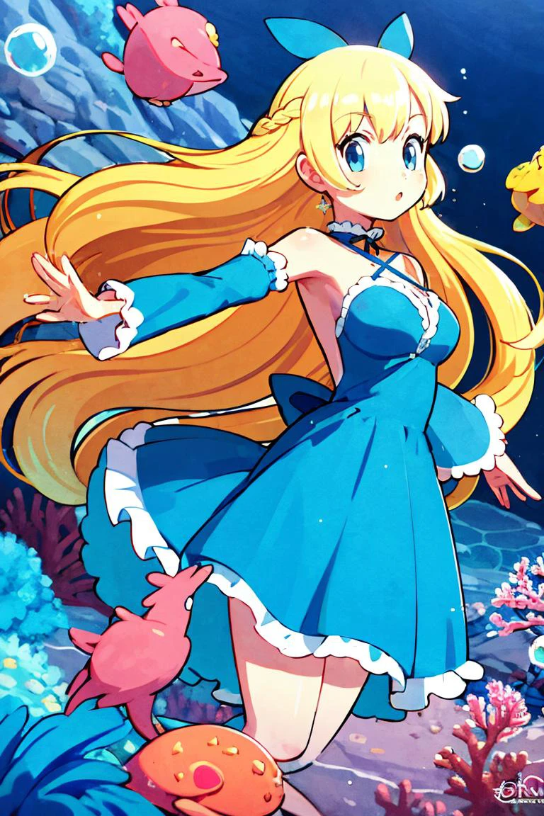 <lora:Gamma:0.8>,centered, award winning photo, (looking at viewer:1.2), | | underwater, bubbles, coral reef, | bokeh, depth of field, cinematic composition, | <lora:Squirtle_Pokemon:0.8> 1girl, blue eyes, very long hair, blonde hair, long blonde hair,( french braid:1.1), bangs, medium breasts, hair ribbon, frilled choker, criss-cross halter, (blue dress:1.1), sleeveless dress, high-waist skirt, backless dress, waist bow, black detached sleeves, frilled sleeves,