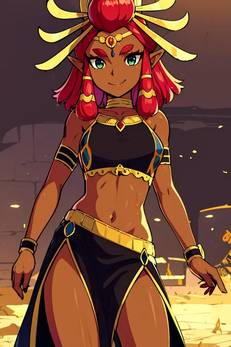 Woman with red skin, yellow eyes, muscled, afro hair, african hair, curly afro hair, poofy afro hair, red hair, elf ears, masterpiece, ultra definition, dnd hobgoblin, female hobgoblin, tube top, loincloth, fangs, claws, wild woman, fit anime girl, savage warrior, grinning, charismatic, wild eyes, yellow eyes, golden jewelry. Anime style.