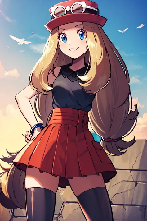 <lora:Pokemoa_Style:0.8>, ((masterpiece,best quality)), absurdres, <lora:serena_v1:0.7>, serena \(pokemon\), 1girl, long hair, blue eyes, thighhighs, long hair, hat, jewelry, bracelet, black thighhighs, collared shirt, pleated skirt, red skirt, sleeveless, high-waist skirt, sleeveless shirt, eyelashes, pink headwear, black shirt, eyewear on headwear, solo, smiling, looking at viewer, cowboy shot, cinematic composition, contrapposto,