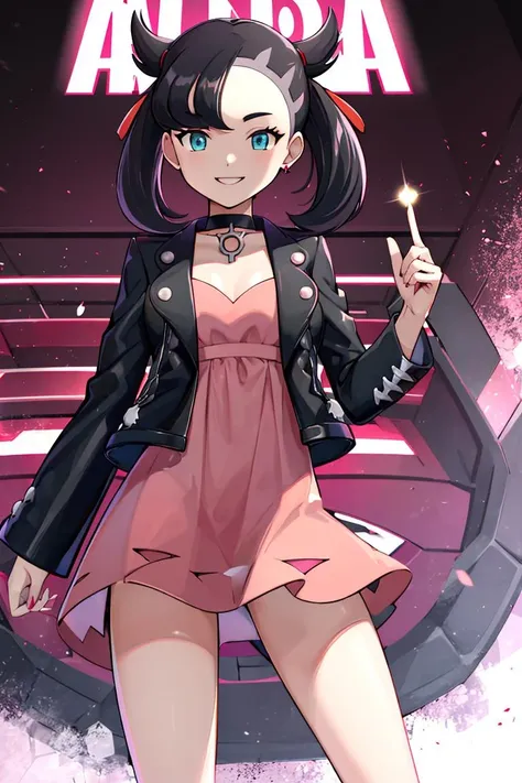 <lora:Gamma:0.8>, ((masterpiece,best quality)), absurdres, <lora:marnie_v1:0.7>, hmmarnie, aqua eyes, black choker, red ribbon, pink dress, jewelry, black jacket, open clothes, long sleeves, solo, smiling, looking at viewer, cowboy shot, cinematic composition, contrapposto,